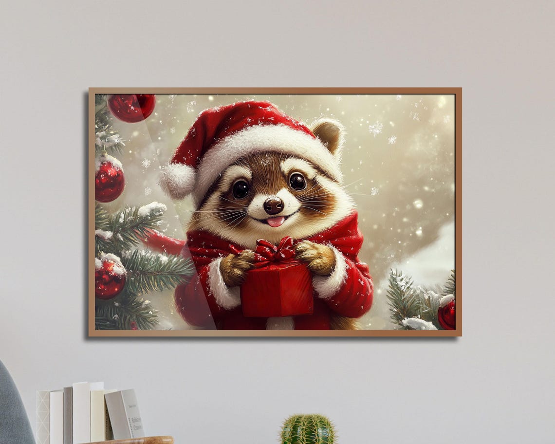 Happy Raccoon in Santa Suit Holding Red Gift Snowy Christmas Poster - Image 3