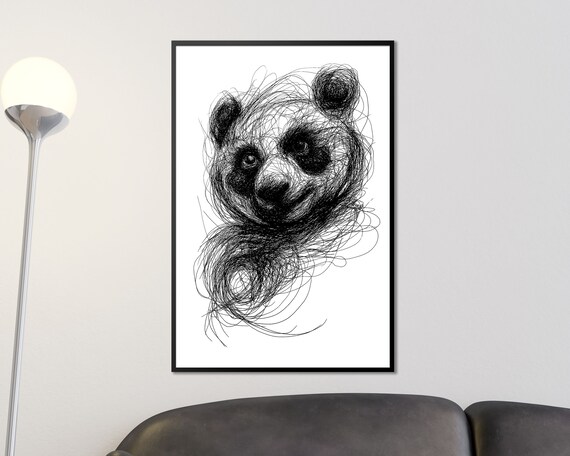Giant Panda Head Scribble Art Black And White Line Drawing Print