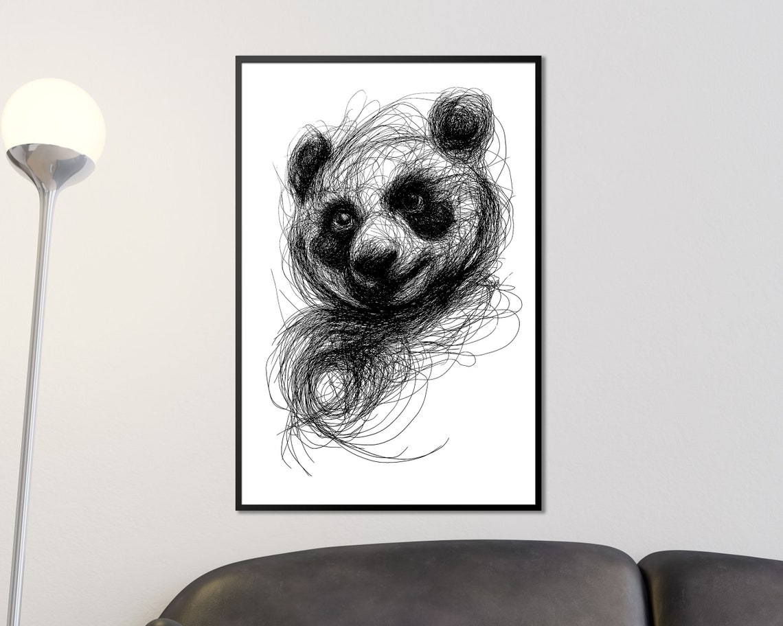 Giant Panda Head Scribble Art Black And White Line Drawing Print