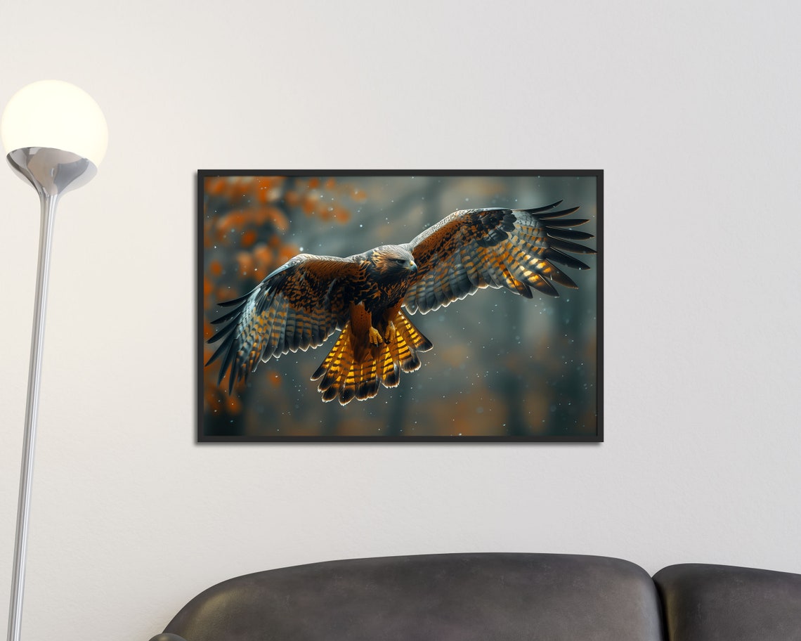 Hawk Soaring Over Autumn Forest Bird Of Prey Wildlife Art Poster
