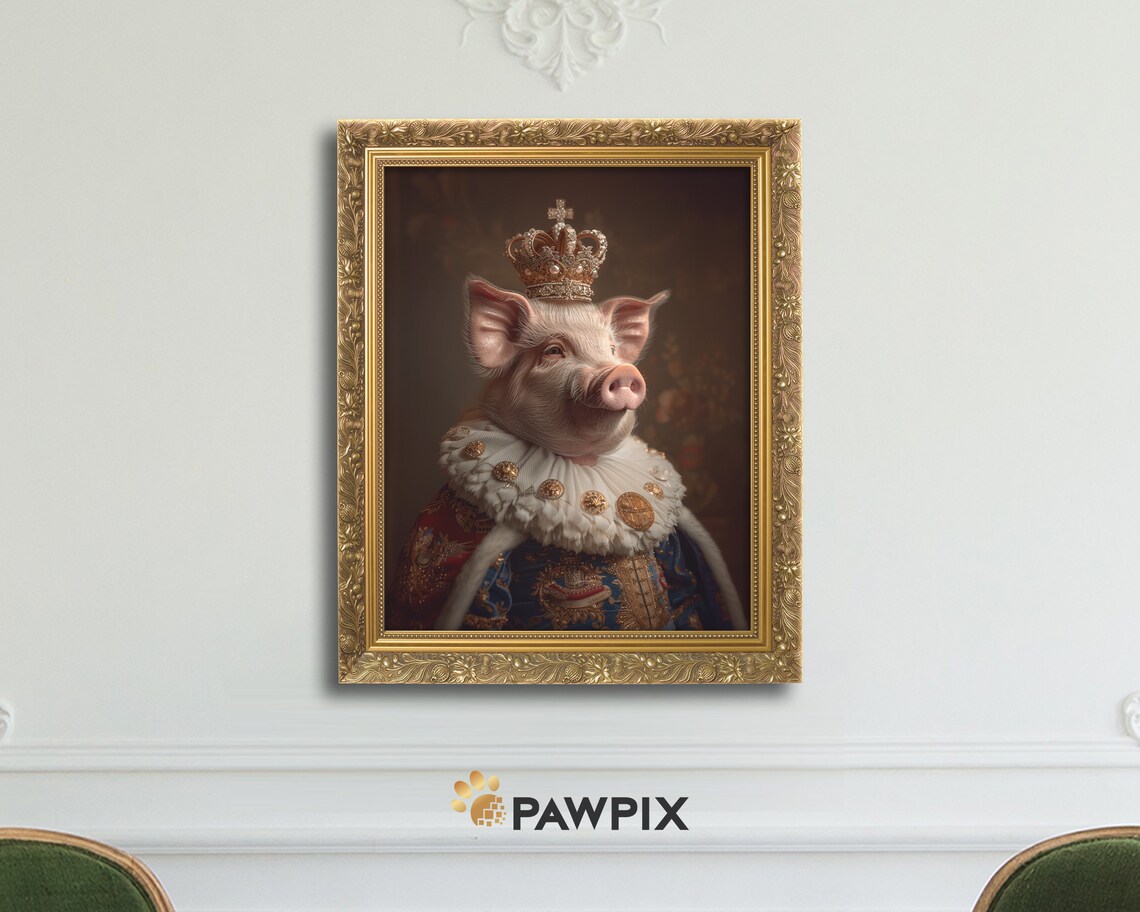 Royal Pig In Gold Crown Ruff Regal Portrait Wall Art Print Poster - Image 4