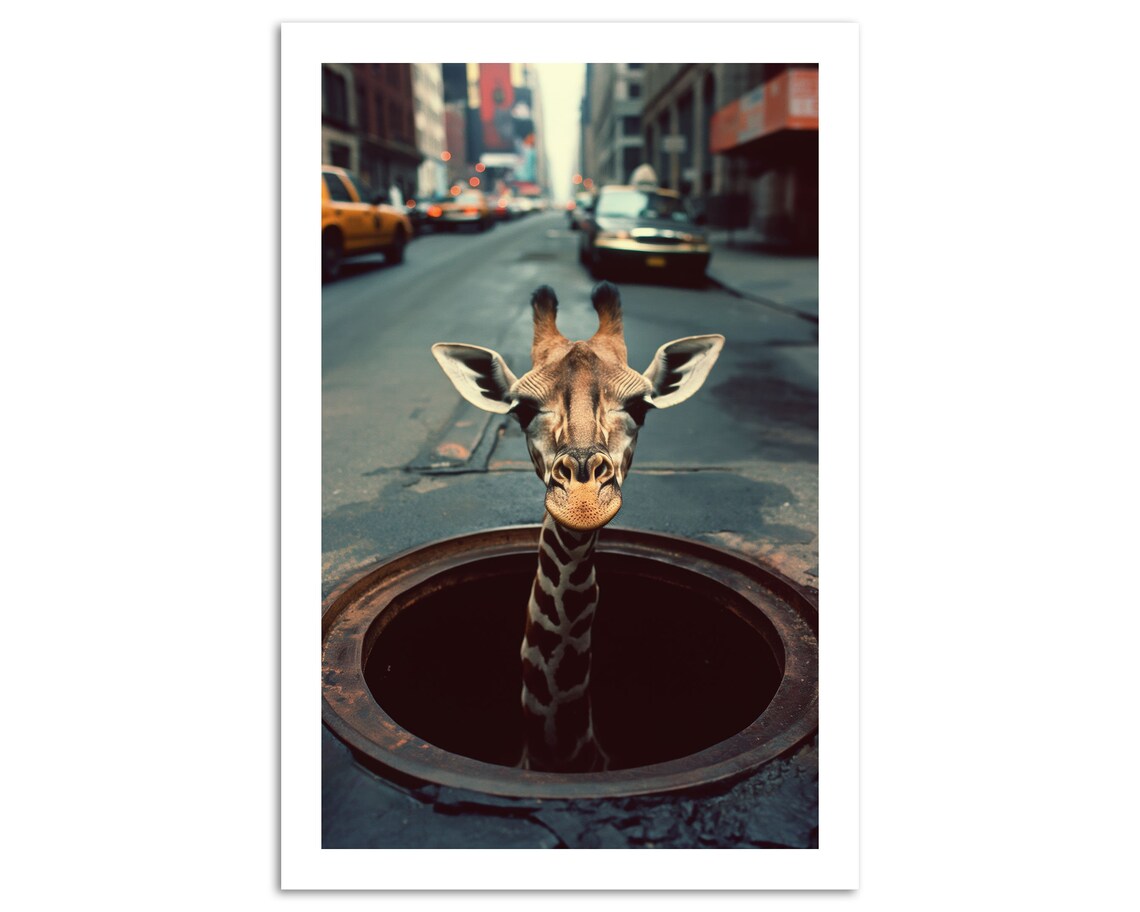 Giraffe Popping From New York City Manhole Street Scene Funny Poster - Image 4