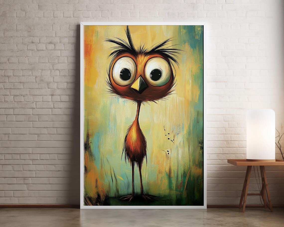 Crazy Big Eyed Bird Whimsical Colorful Abstract Painting Wall Art