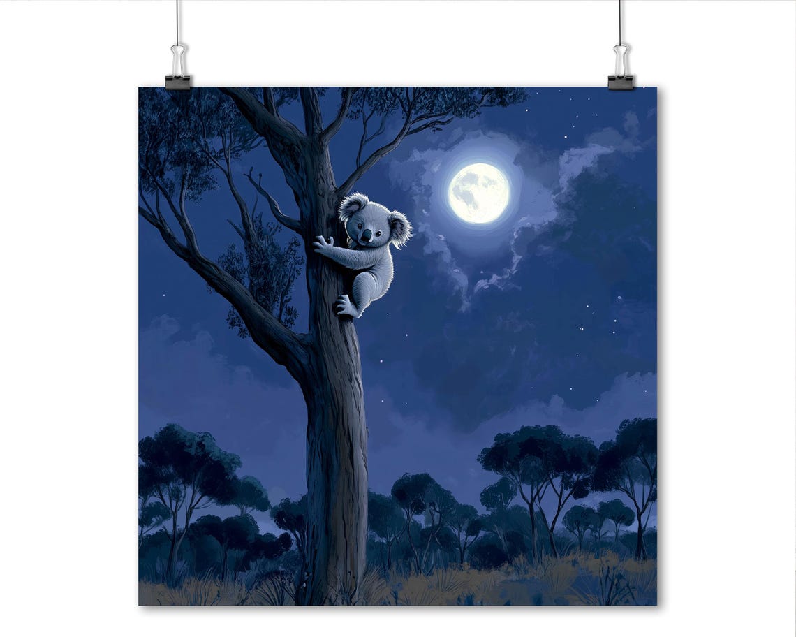 Koala Hugging Tree Under Full Moon Starry Night Blue Nursery Poster - Image 3