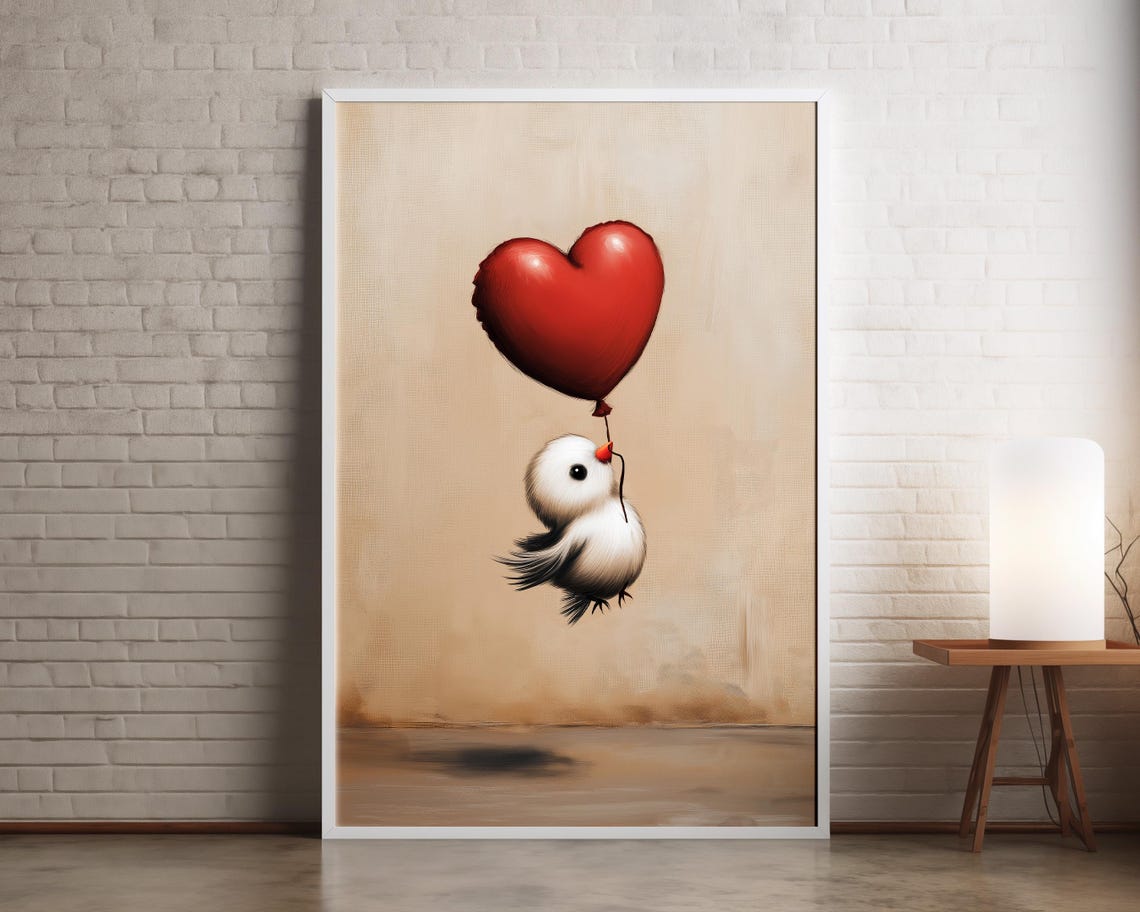 Tiny White Bird Floating with Red Heart Balloon Nursery Wall Art - Image 8