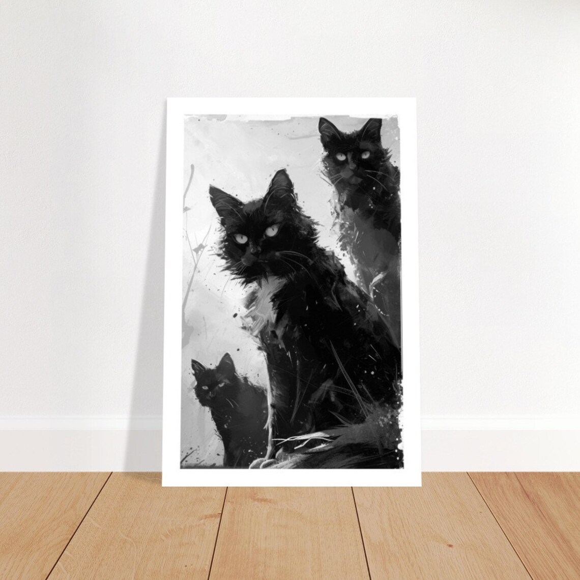 Chat Noir 11 Black Cats Trio Monochrome Grunge Textured Feline Art Poster - Image 2