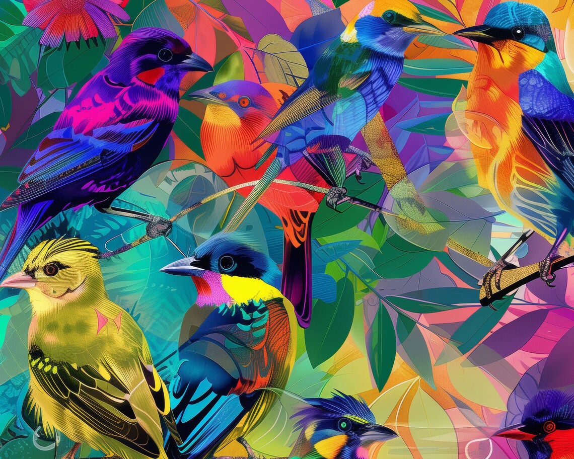 Colorful Tropical Birds In Jungle Foliage Abstract Wall Art Poster - Image 3