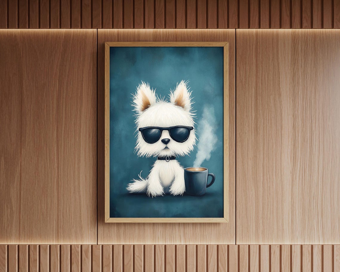 Cool White Puppy With Sunglasses Steaming Coffee Cup Art Poster - Image 5