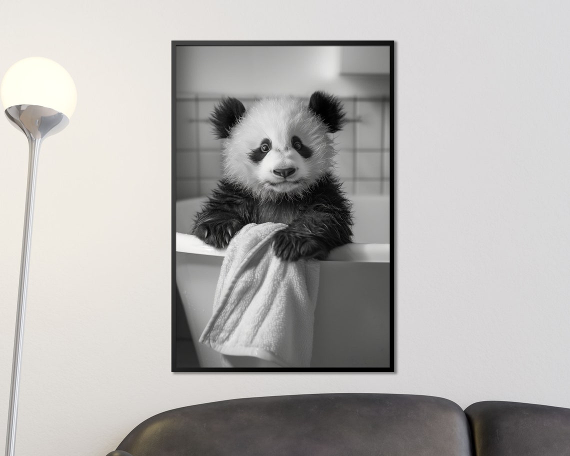 Panda Cub Bath Time Black and White Photo Nursery Bathroom Poster - Image 4
