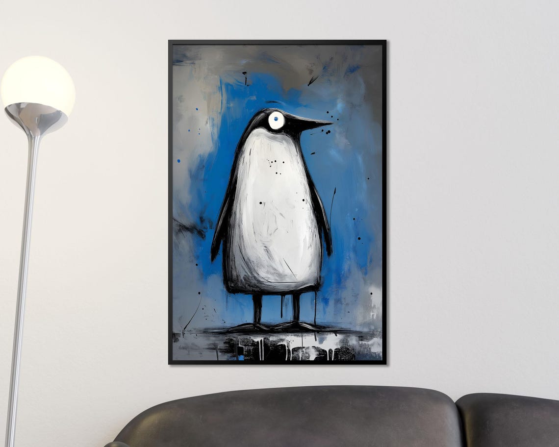 Funny Tall Penguin Painterly Blue Gray Abstract Bird Art Poster - Image 2