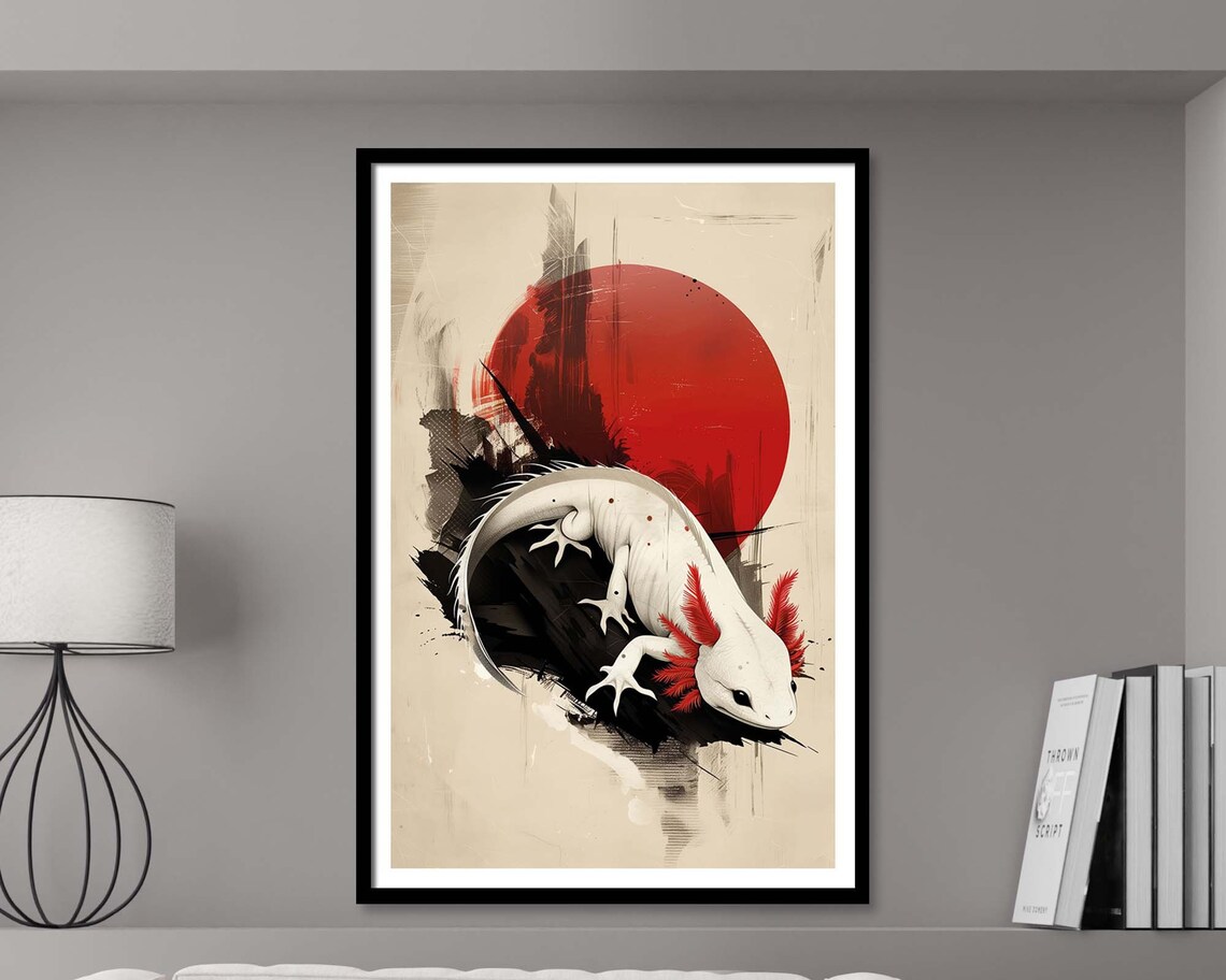 Axolotl Rising Red Sun Ink Wash Japanese Style Salamander Art Poster