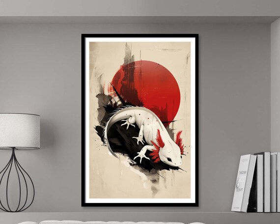 Axolotl Rising Red Sun Ink Wash Japanese Style Salamander Art Poster