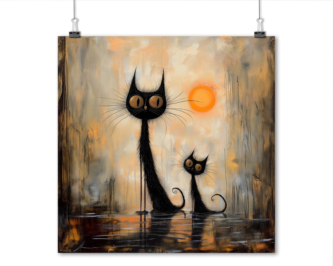 Black Cats At Sunset Pair Standing In Water Painterly Art Poster - Image 3
