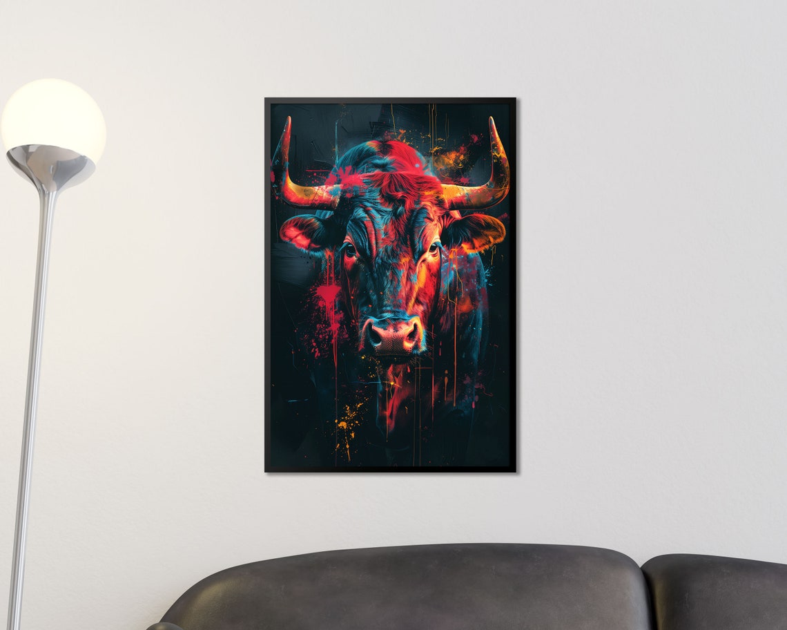 Neon Bull Head Red Blue Paint Splash Abstract Colorful Art Poster