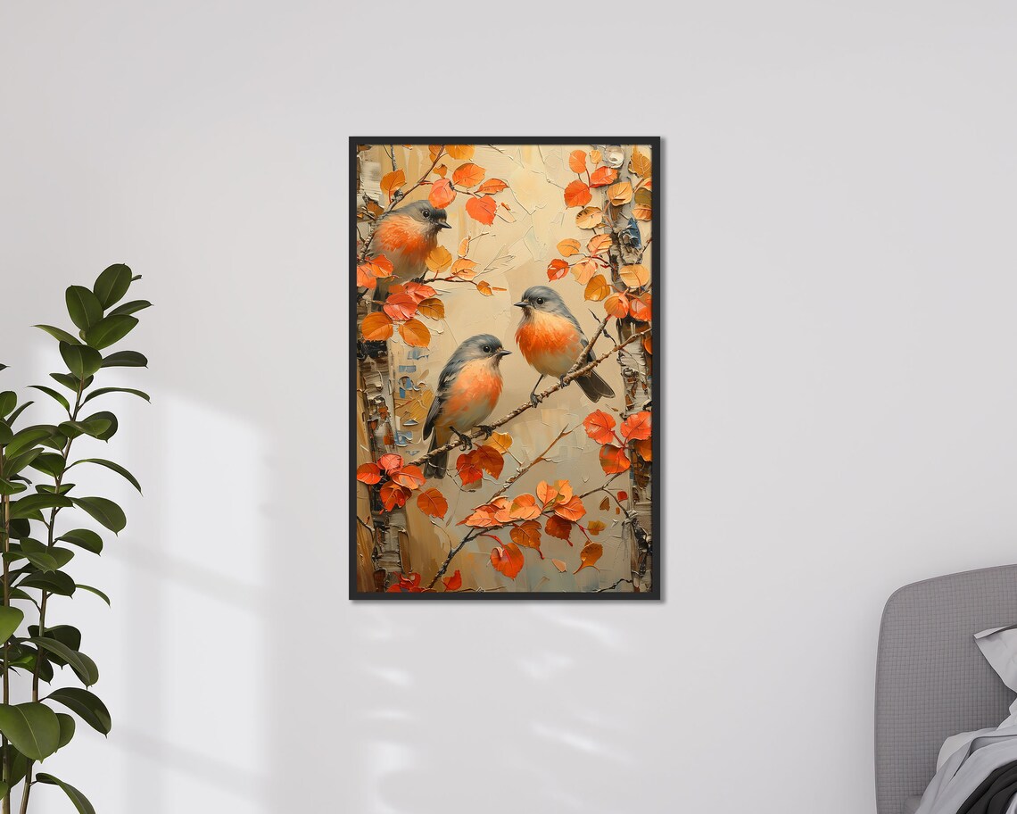 Three Songbirds On Autumn Branches Orange Leaves Oil Painting Print - Image 4