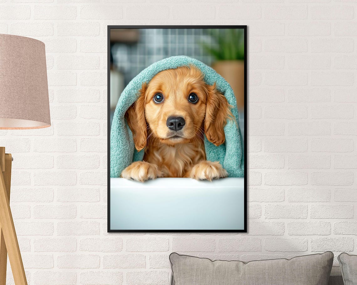 Golden Cocker Spaniel Puppy Bath Time Towel Cute Bathroom Art Poster - Image 2