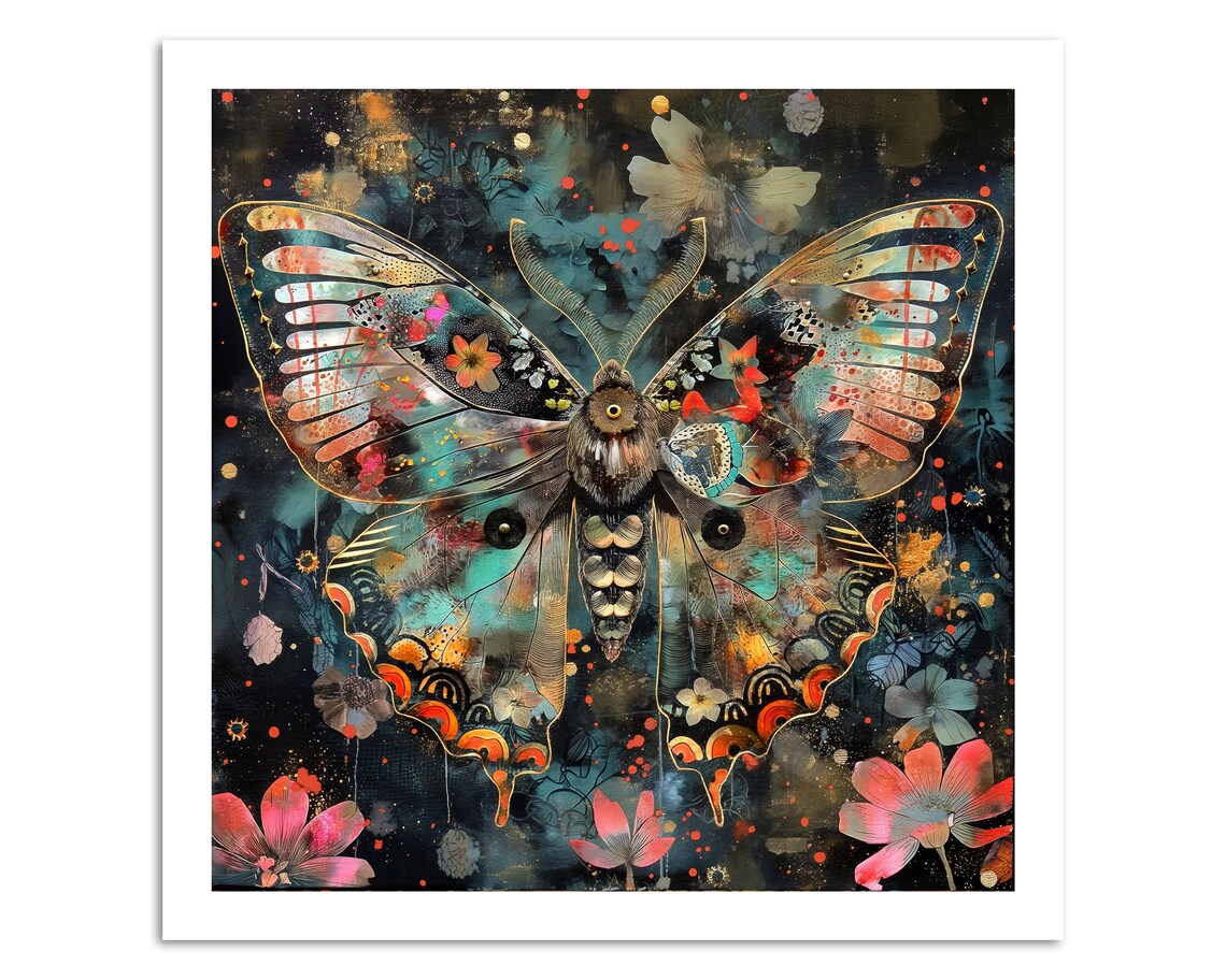 Colorful Floral Moth Dream Bohemian Nature Insect Wall Art Print - Image 3