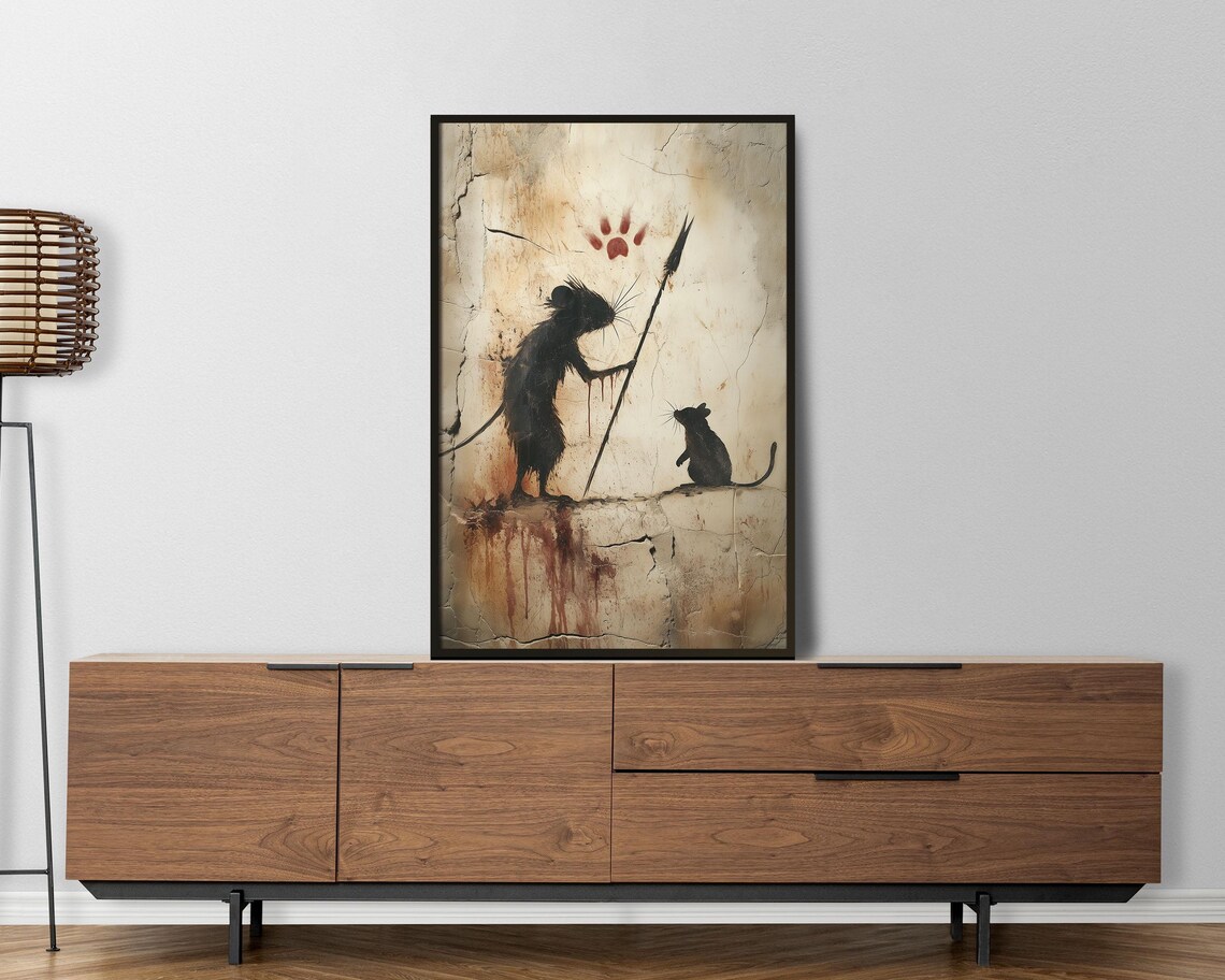 Cave Painting Style Rats With Spear Primitive Tribal Art Poster