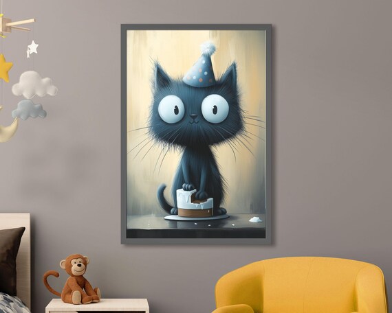 Cute Black Cat with Party Hat Eating Birthday Cake Fun Wall Art