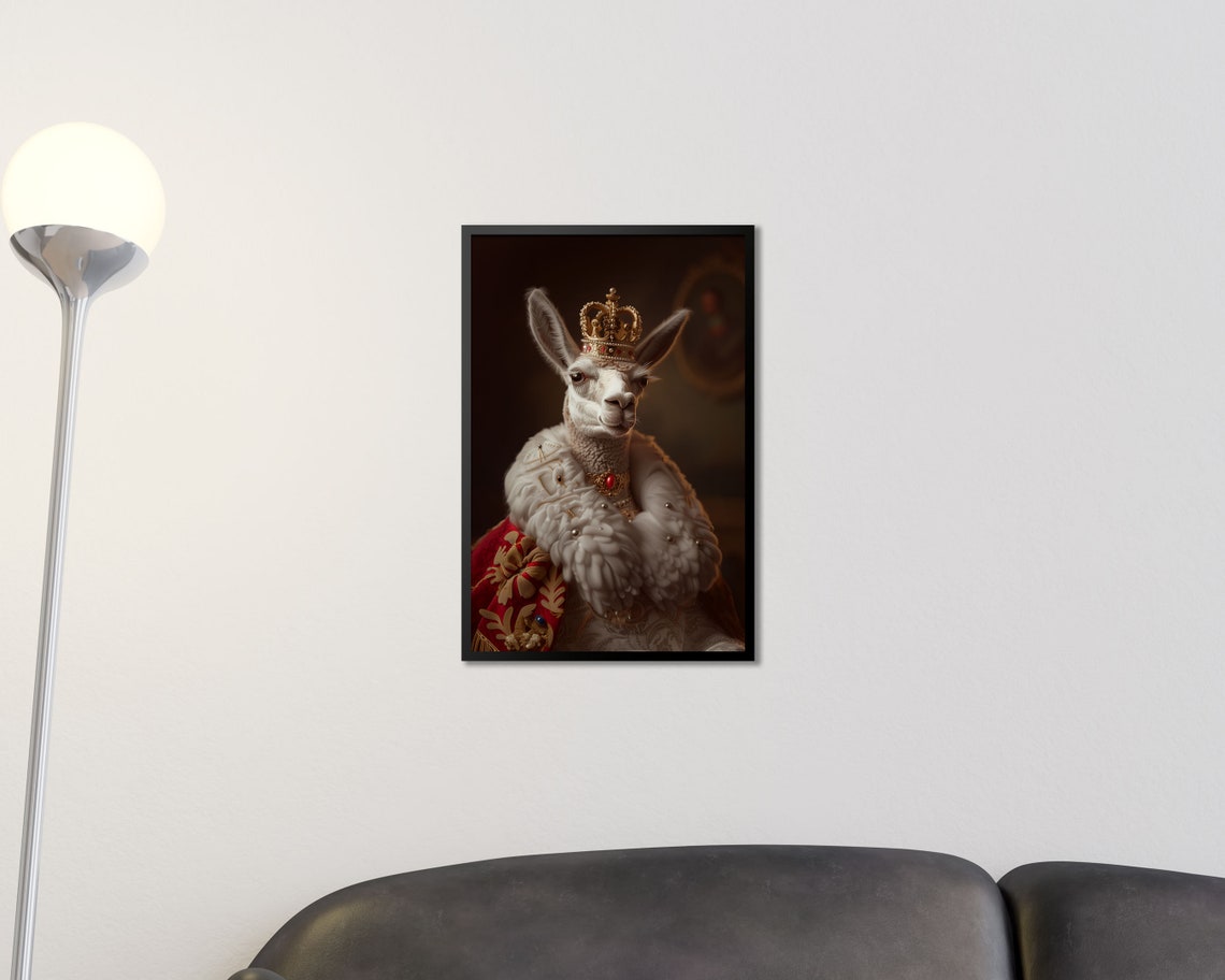Royal Llama In Gold Crown Red Velvet Robe Regal Animal Portrait Poster - Image 2