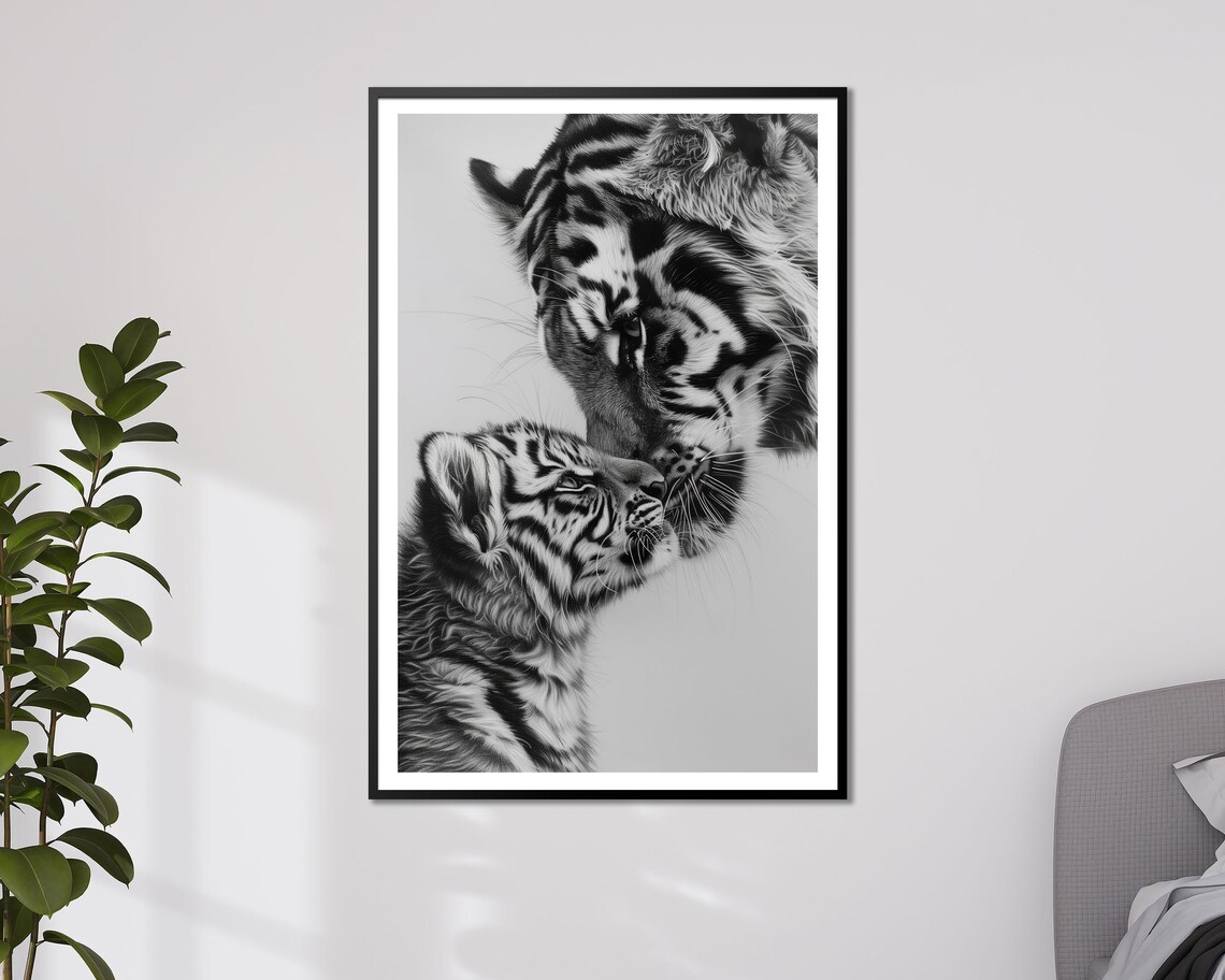 Tender Tiger Mother And Cub Embrace Black And White Wildlife Art Poster - Image 3