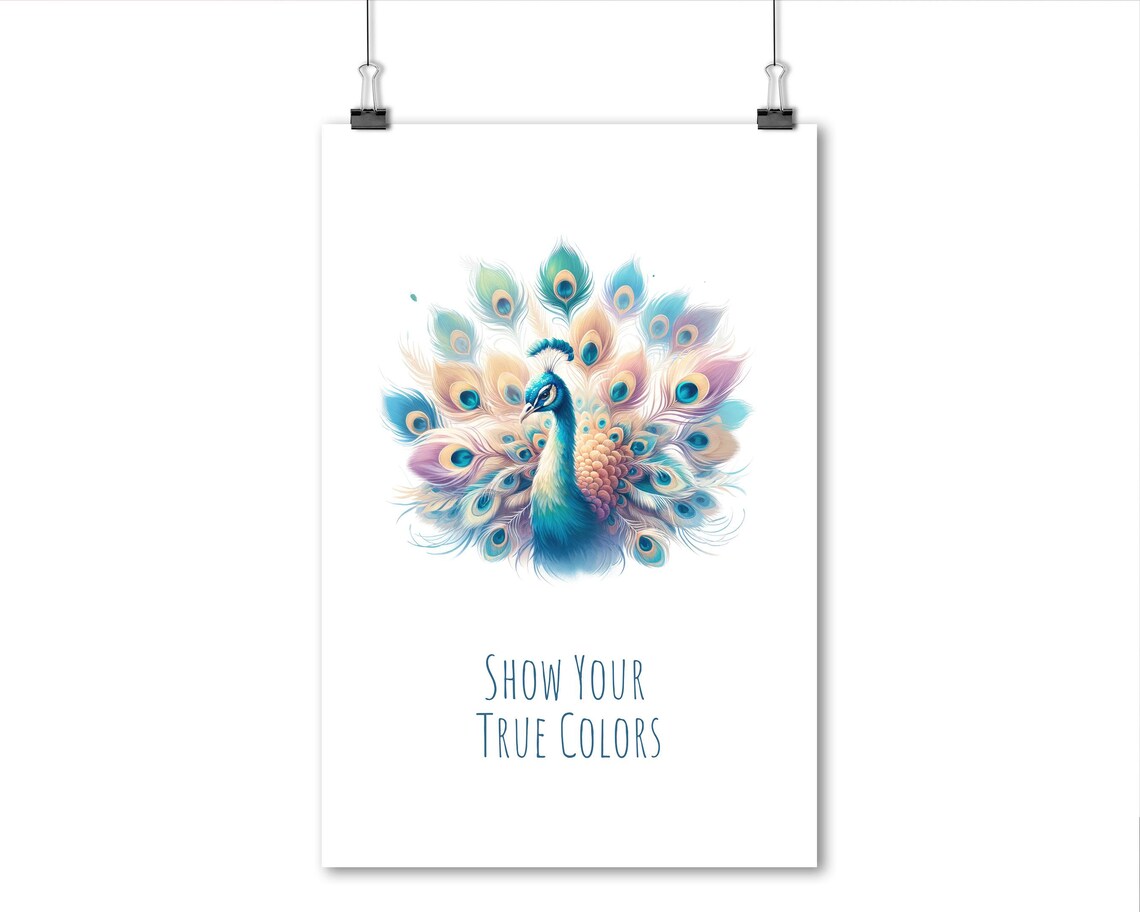 Show Your True Colors Pastel Peacock Feather Watercolor Inspirational Poster - Image 4