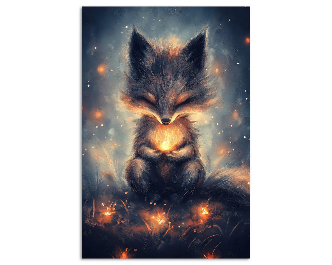 Mystical Fox Cub With Glowing Heart Light Magical Night Art Poster - Image 5