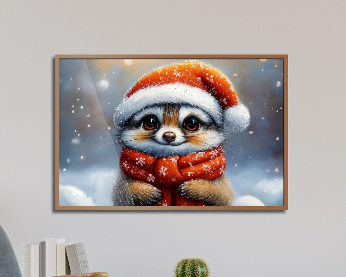 Raccoon In Santa Hat And Snowflake Scarf Winter Christmas Poster - Image 5