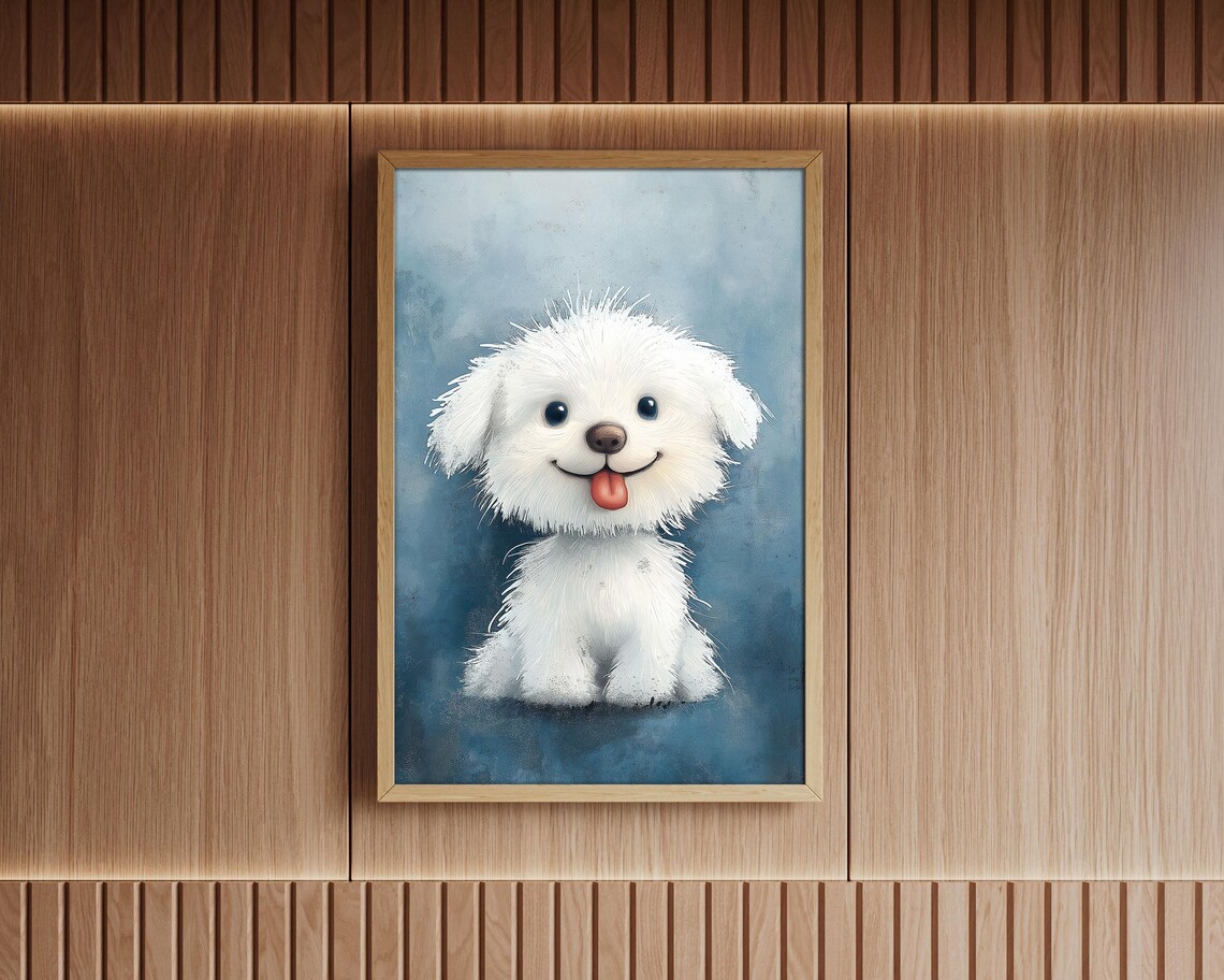 Happy White Fluffy Puppy Tongue Out Cute Cartoon Dog Art Poster - Image 3