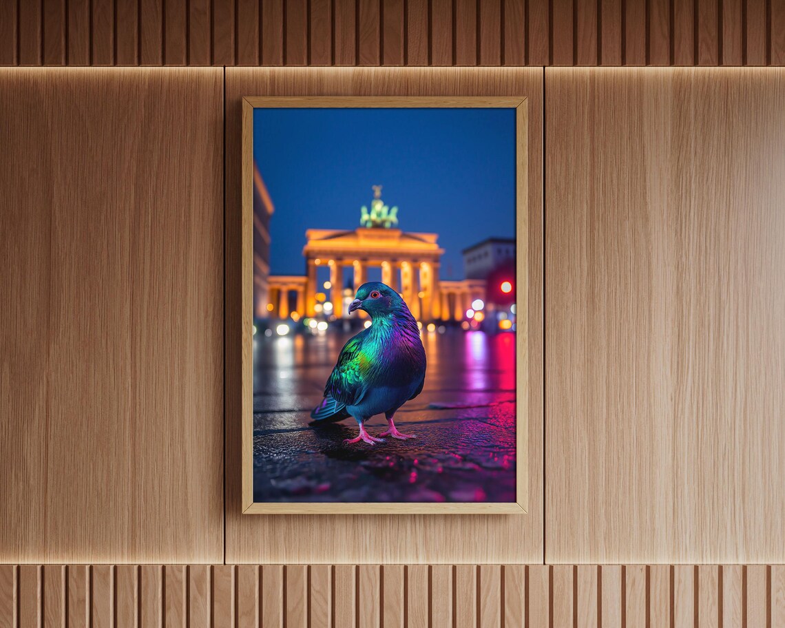 Neon Pigeon Berlin Night Brandenburg Gate City Street Wall Art - Image 7