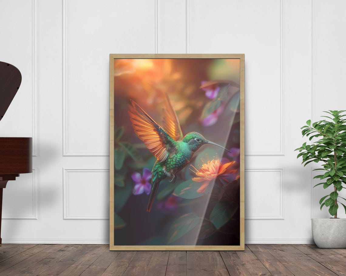 Emerald Hummingbird Hovering At Flower Golden Light Art Poster