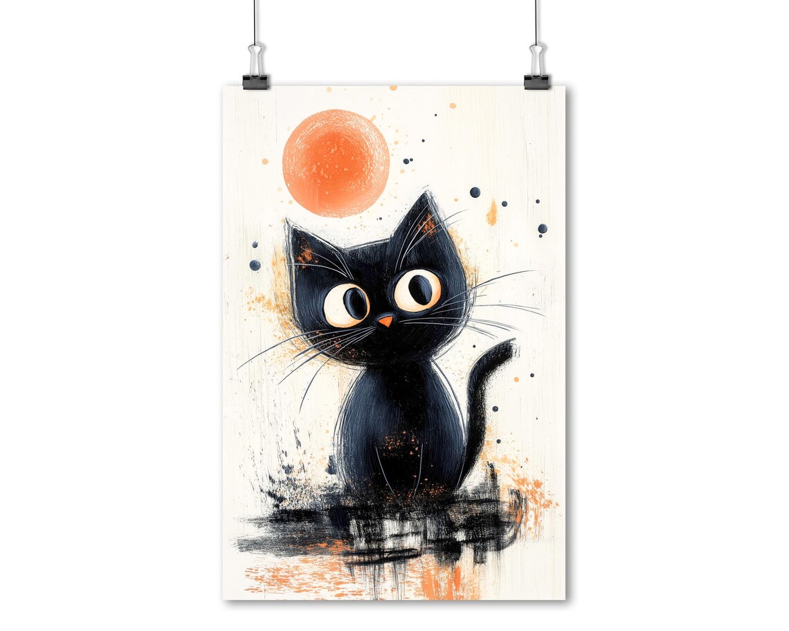 Black Cat Under Orange Moon Japanese Ink Style Minimal Wall Art - Image 8