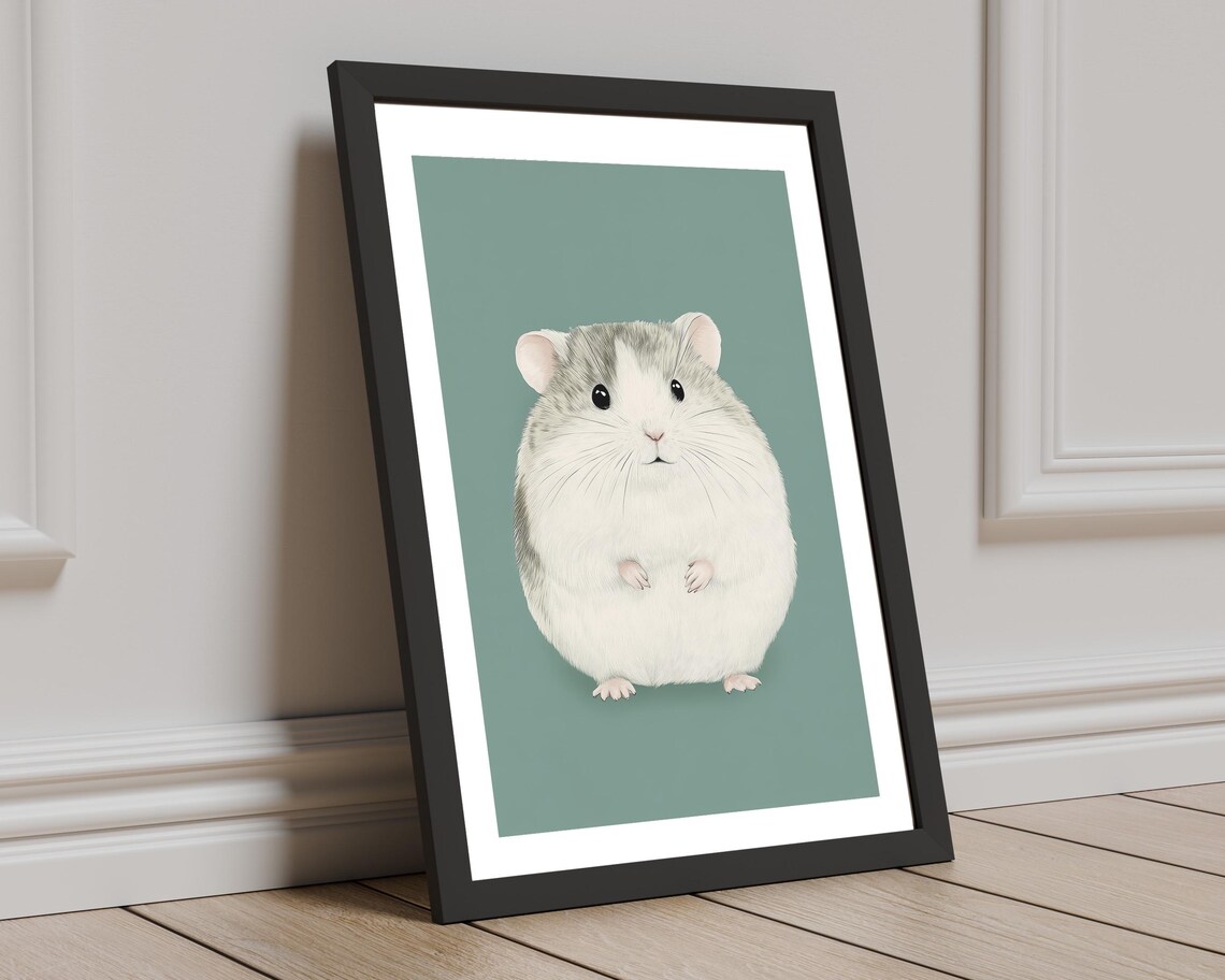 Cute Chubby Grey Hamster Portrait Minimalist Sage Green Wall Art - Image 8