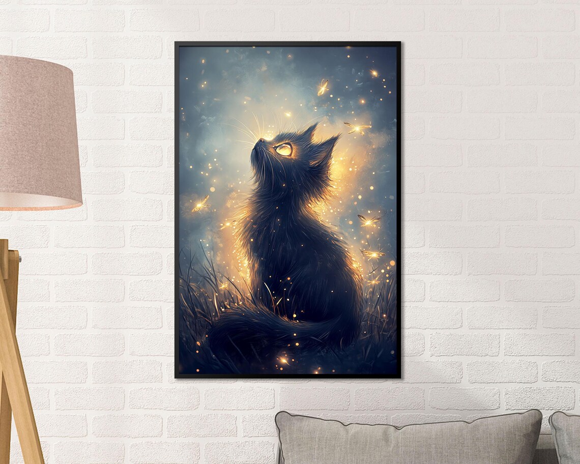 Black Cat Silhouette Fireflies Glowing Blue Night Sky Wall Art - Image 4