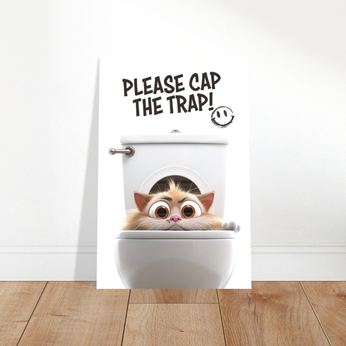 Funny Cat In Toilet Please Cap The Trap Bathroom Quote Poster - Image 3
