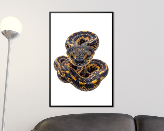 Golden Patterned Snake Head On White Bold Reptile Wall Art Print
