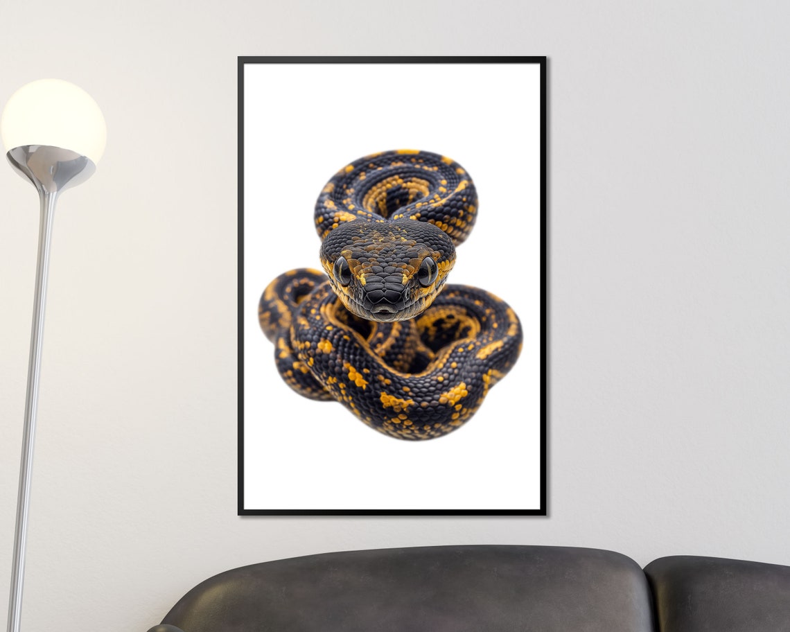 Golden Patterned Snake Head On White Bold Reptile Wall Art Print