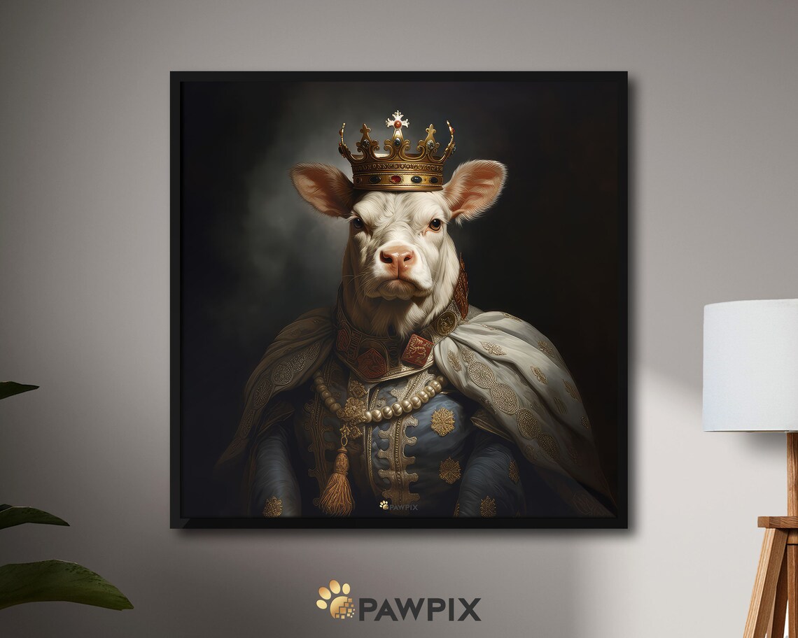 King Cow Wearing Crown Pearl Necklace Royal Portrait Farm Poster