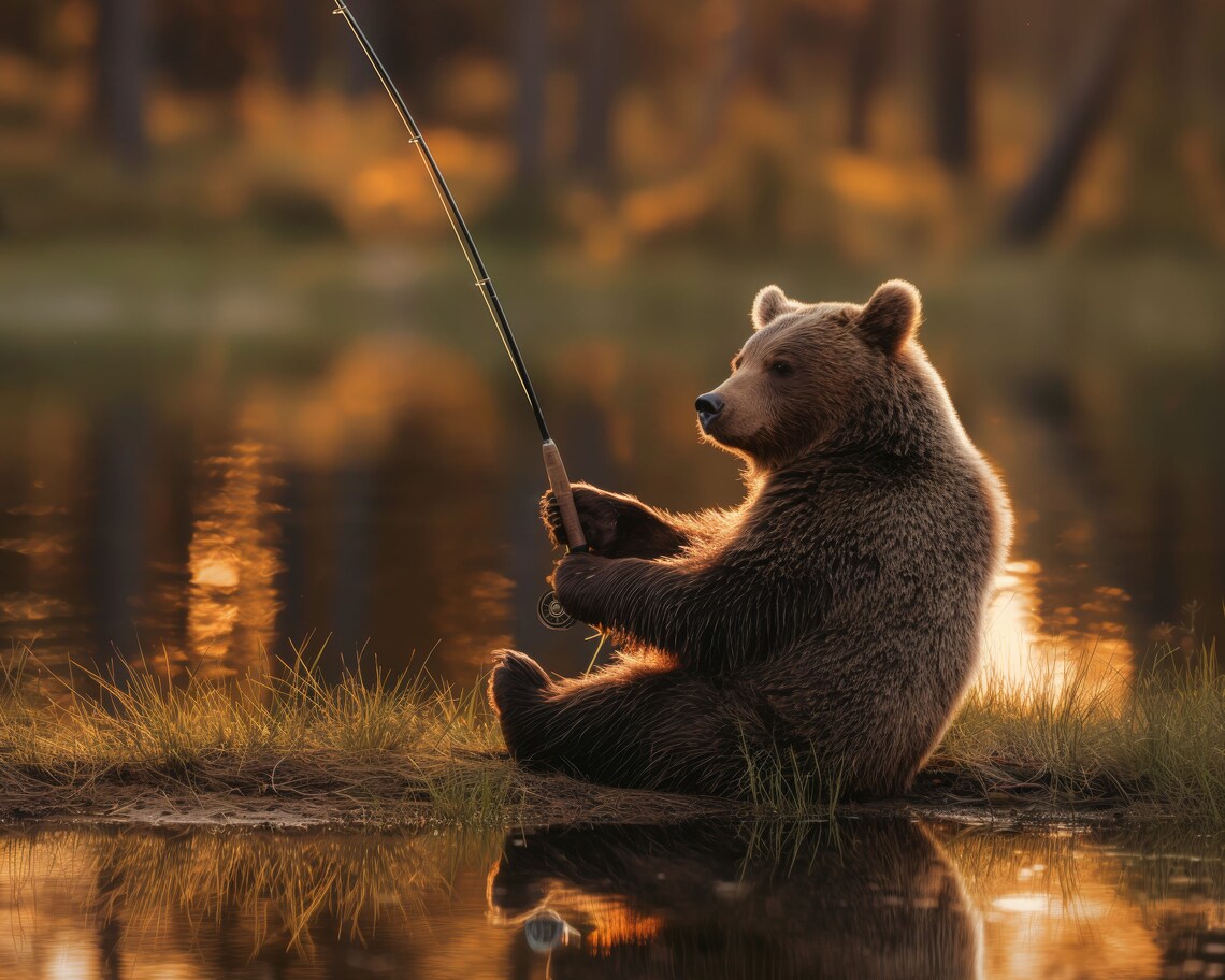 Cute Brown Bear Fishing At Lake Sunset Golden Hour Humorous Animal Poster - Image 2