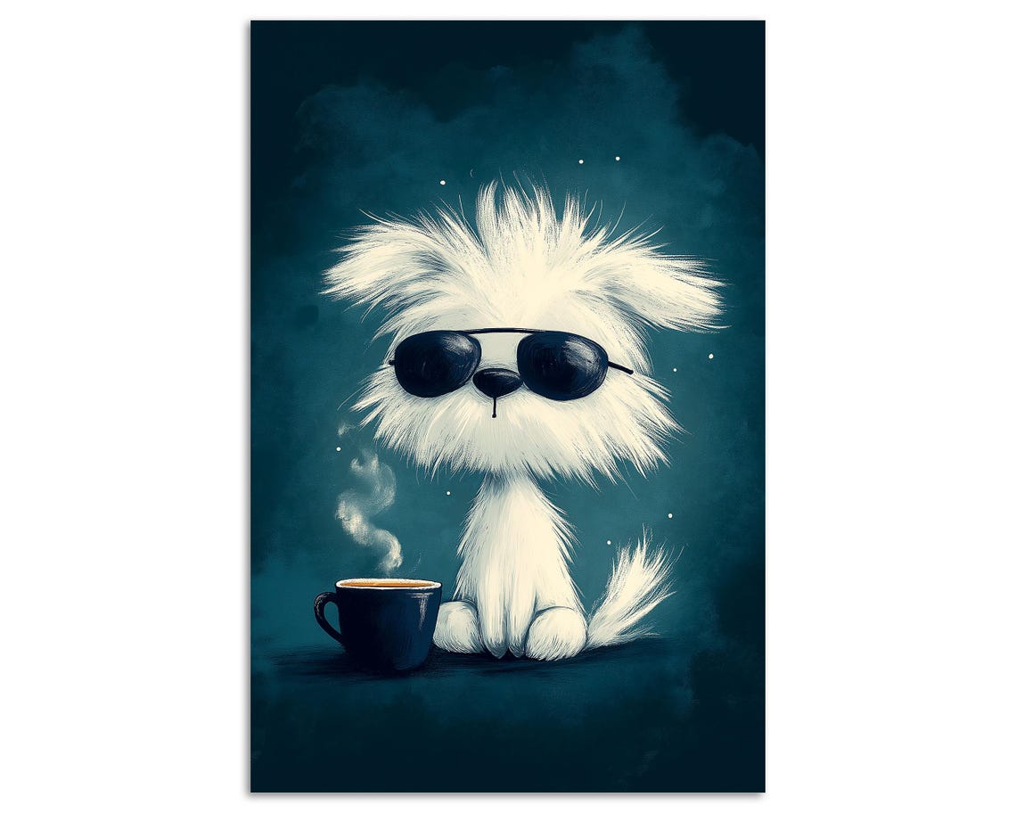 Cool White Puppy With Sunglasses And Coffee Mug Funny Dog Art Poster - Image 5