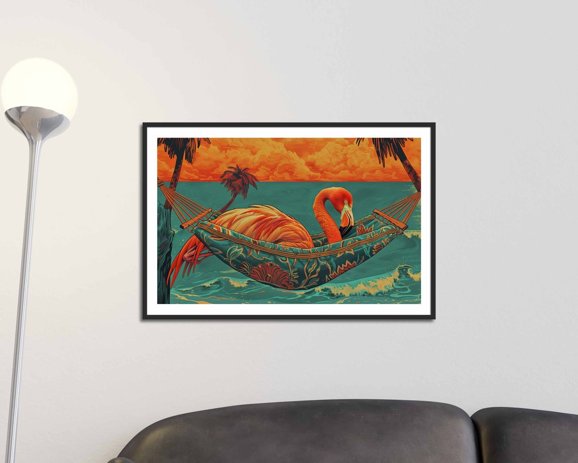 Flamingo Relaxing In Hammock Tropical Sunset Beach Fun Art Poster - Image 5