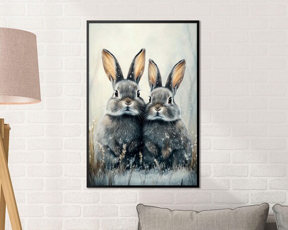 Two Rabbits In Snowfall Winter Bunnies Watercolor Art Poster