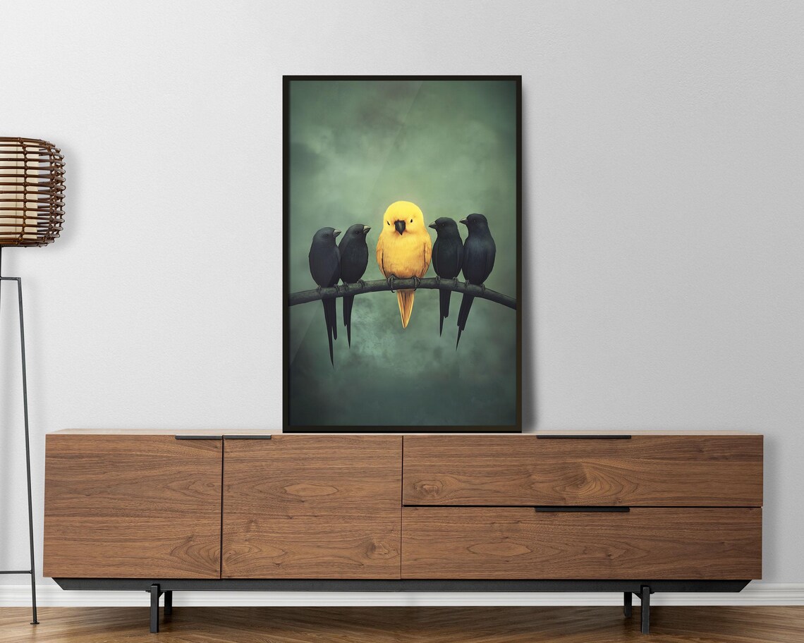 Yellow Bird Among Black Birds On Branch Moody Minimal Art Poster