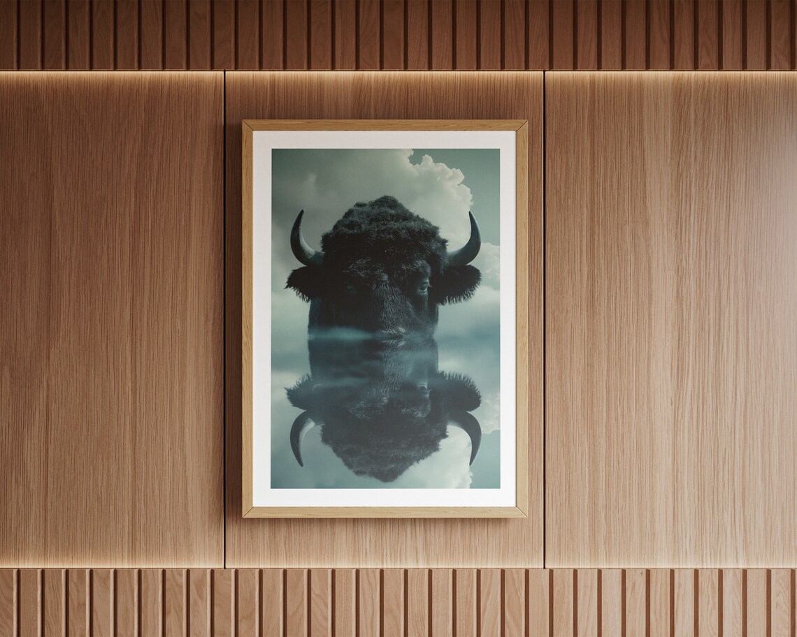 Majestic Bison Buffalo Portrait Water Reflection Double Exposure Poster