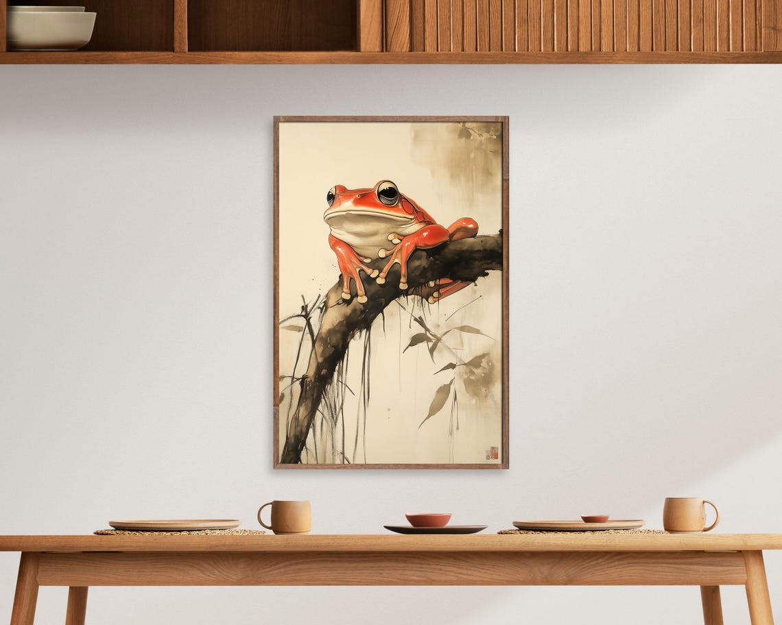 Japanese Sumi E Style Red Frog Resting on Branch Ink Wash Wall Art - Image 4