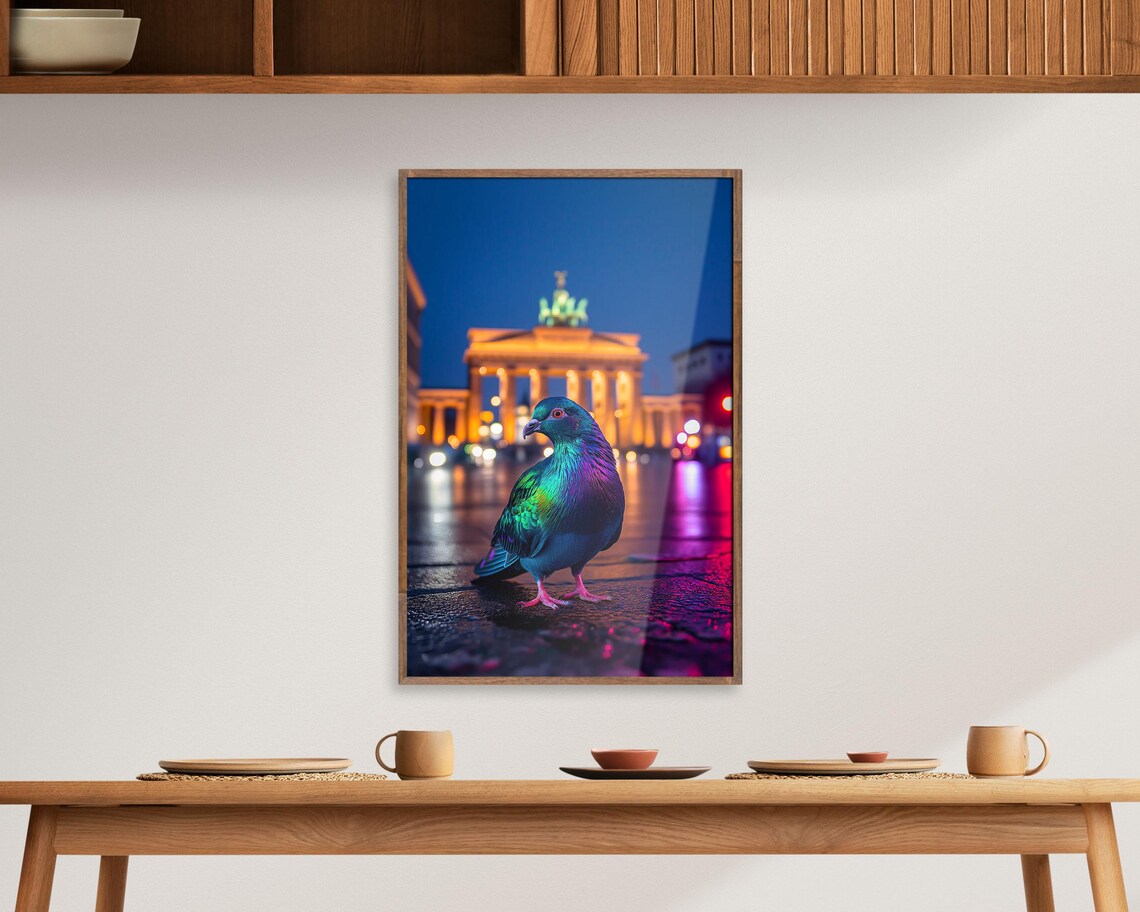 Neon Pigeon Berlin Night Brandenburg Gate City Street Wall Art - Image 5