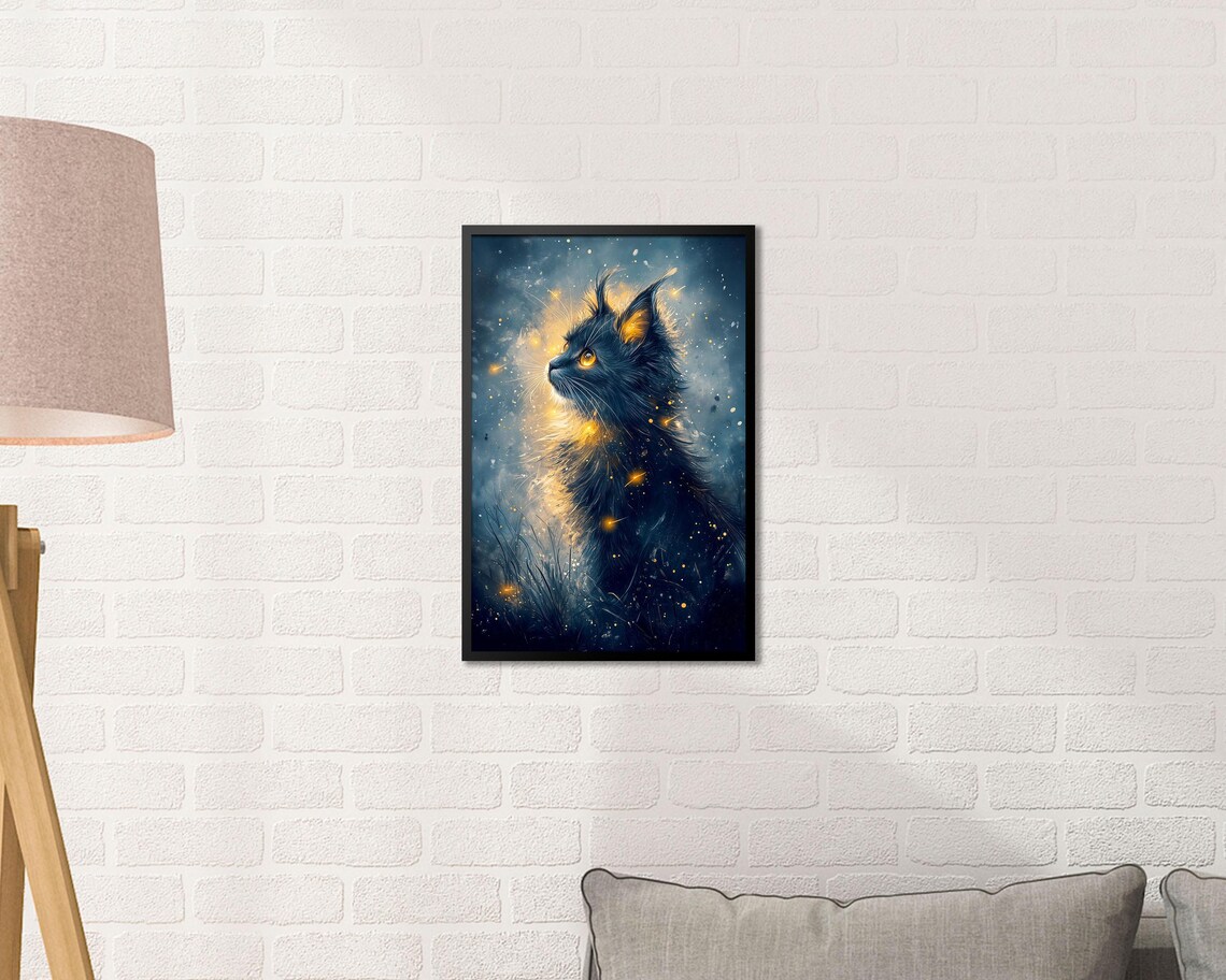 Mystic Black Cat Celestial Night Sky Stars Moonlight Fantasy Art Poster - Image 2
