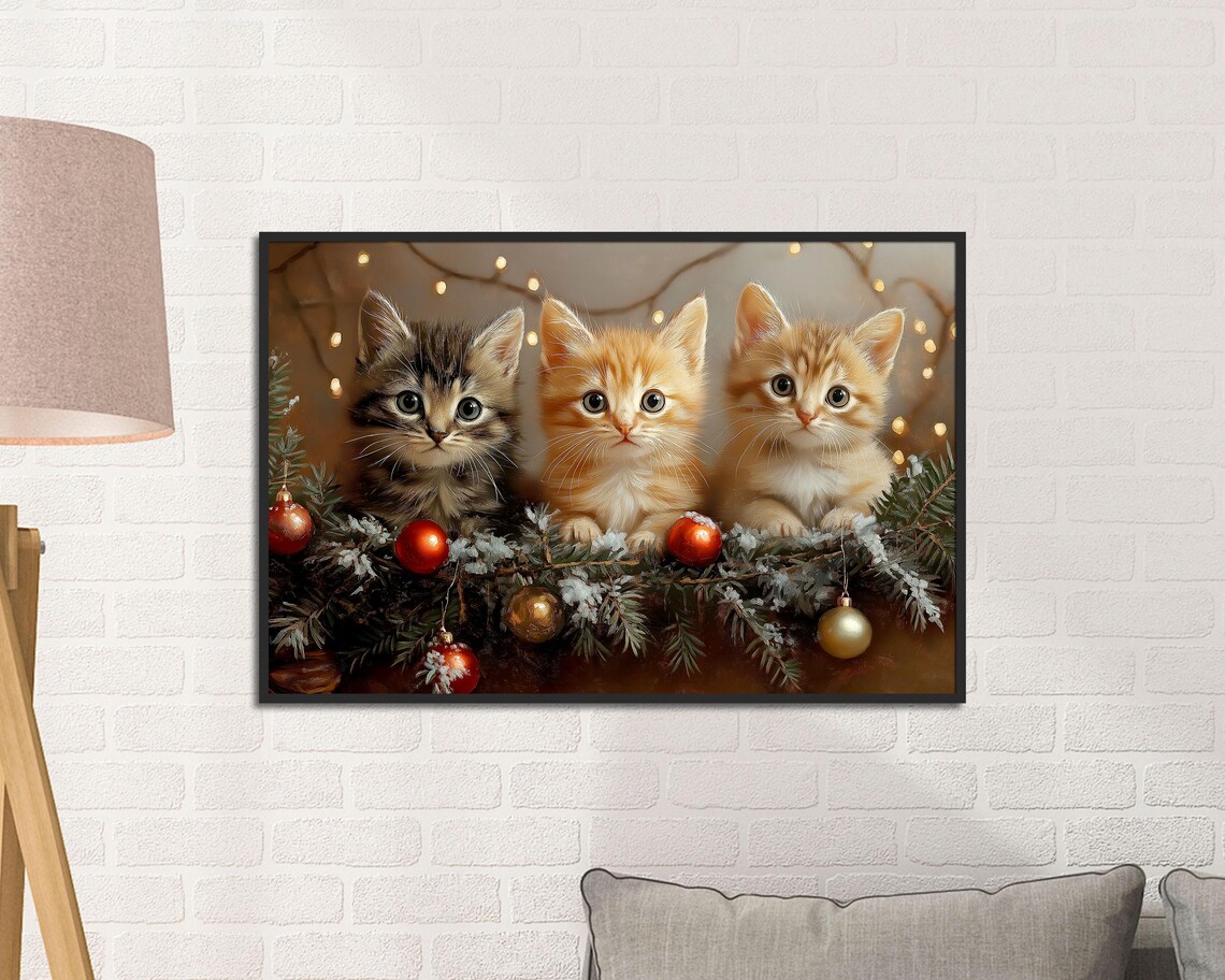 Three Kittens With Christmas Ornaments Holiday Lights Art Poster - Image 2