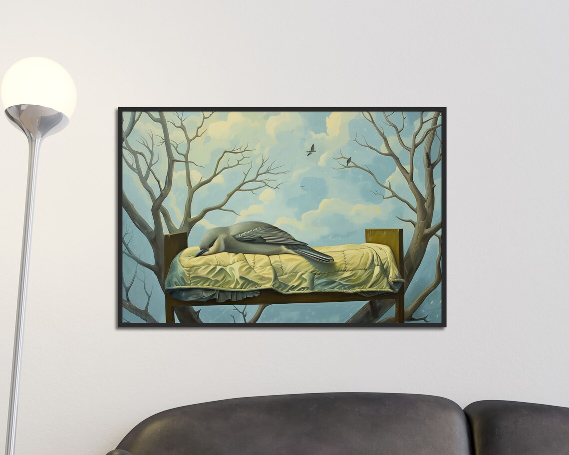 Sleeping Bird On Bed Surreal Dreamlike Blue Trees Wildlife Wall Art