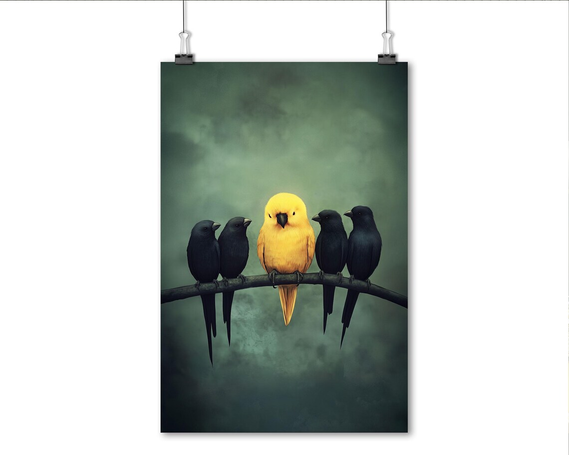 Yellow Bird Among Black Birds On Branch Moody Minimal Art Poster - Image 6